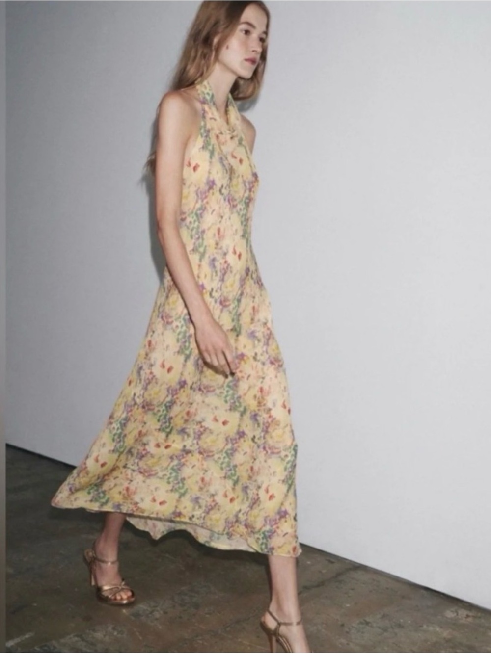 ZARA Yellow Floral Halter Maxi Dress